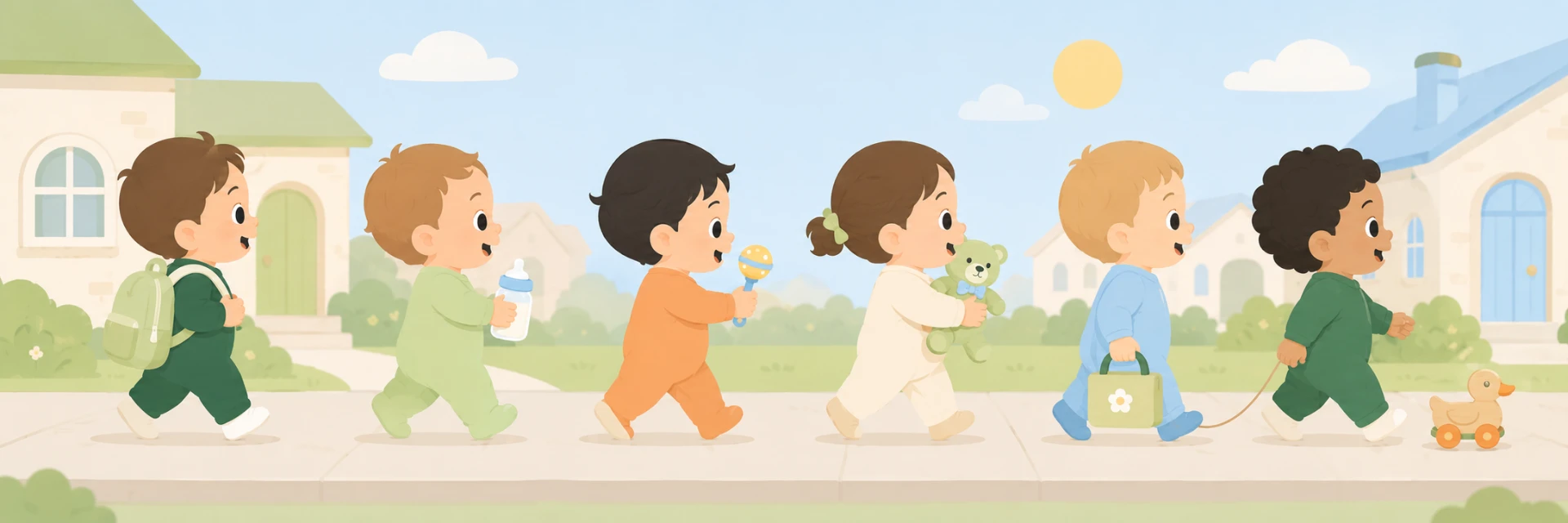 Illustration of happy babies walking together on a sunny street